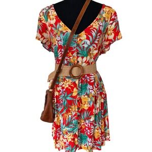Red Tropical V Neck Button Up Beach A Line Dress with Pockets- Size L - Resort